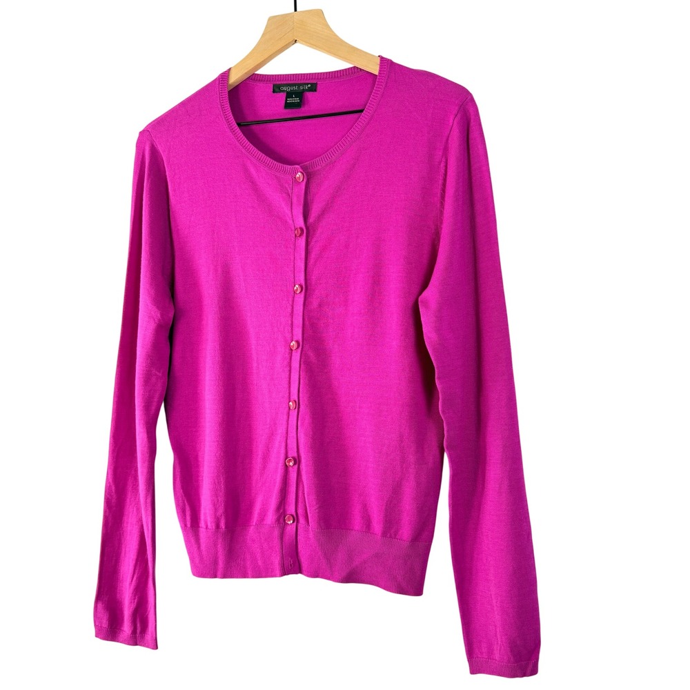 August Silk Womens Fuchsia Pink Crew Neck Long Sleeve Button Front Cardigan L - Picture 11 of 11